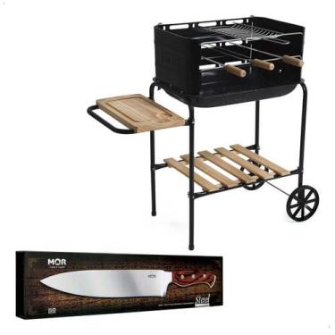 Imagem de Kit Churrasco Com Faca De Inox Cabo Madeira E Churrasqueira - Mor