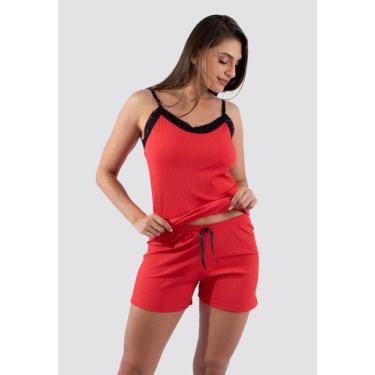 Imagem de Pijama Feminino Curto Baby Doll Canelado Renda - DILUXO, M, Vermelho
