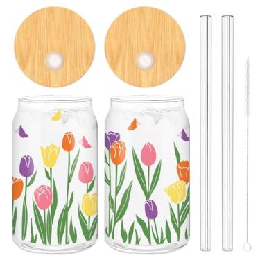 Imagem de Whaline Pacote com 2 copos de café gelado de primavera colorido tulipa flor borboleta copos de bebida copo de cerveja floral vidro com tampa escova de limpeza de palha para presentes de escritório em