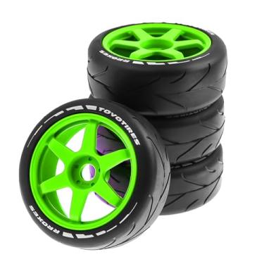 Imagem de Chanmoo 1/8 RC On Road Tires and Hard Plastic Drift Wheels 17mm Hex Rally Racing Tyres for 1:8 Scale Touring Street Car Tamiya HPI WR8 HSP Hobao ARRMA Redcat Losi Kyosho VRX W10 4PCS (Green)