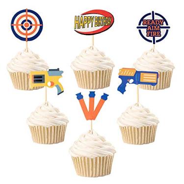 Imagem de Topos de cupcake para festa de guerra de dardos, palitos de arma alvo de aniversário bala de guerra - Conjunto de 24