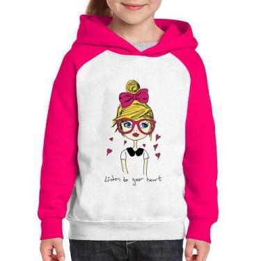 Imagem de Moletom Infantil Listen to your heart - Foca na Moda, Branco, Rosa, 14