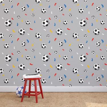 Imagem de Papel de Parede Cinza Bolas de Futebol e Confete 57x270cm - Quartinhos
