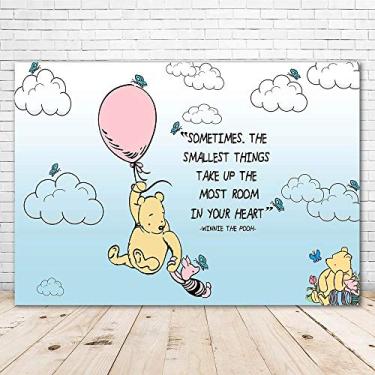 Imagem de Winnie The Pooh Pano de fundo para chá de bebê para meninas 7 x 5 Balão rosa Borboleta Feliz Aniversário Ursinho Pooh Pôster de vinil de 1º Aniversário com citações para decorações de parede