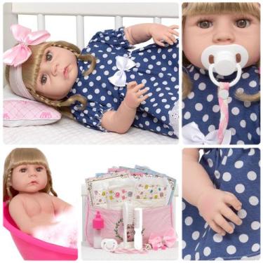 Imagem de Boneca Bebê Reborn Menina Loira Vestido Bolinha Kit Completo - Cegonha
