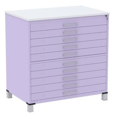 Imagem de Mapoteca 10 Gavetas Pandin 120 cm (Larg) Inmetro Tampo MDP Branco Estrutura e Gavetas em Aço Lilás