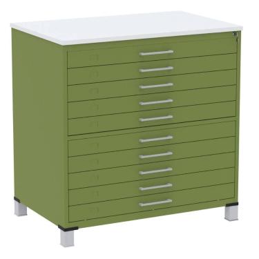 Imagem de Mapoteca 10 Gavetas Pandin 120 cm (Larg) Inmetro Tampo MDP Branco Estrutura e Gavetas em Aço Verde