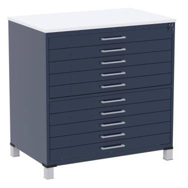 Imagem de Mapoteca 10 Gavetas Pandin 120 cm (Larg) Inmetro Tampo MDP Branco Estrutura e Gavetas em Aço Azul