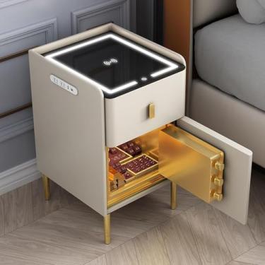 Imagem de Mesa de cabeceira inteligente com carregamento sem fio e estação de carregamento USB, mesa de cabeceira inteligente com caixa forte, luzes de LED, organizador de criado-mudo inteligente de alto brilho