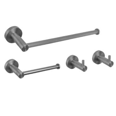 Imagem de Conjunto de acessórios para banheiro cinza Kit de acessórios de aço inoxidável Suporte de parede redondo Barra de mão Suporte de rolo de papel higiênico Gancho de toalha para roupão, conjunto de