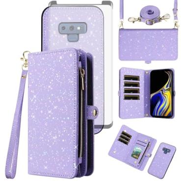Imagem de Asuwish Capa de celular para Samsung Galaxy Note 9 carteira magnética destacável com protetor de tela de vidro temperado e suporte de cartão com glitter, acessórios para celular Note9 Not S9 feminino