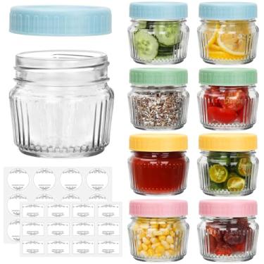 Imagem de Cehomi potes de vidro de boca regular, mini potes de vidro de 4 onças, potes de vidro transparente de 8 pacotes com tampas de plástico coloridas, pequeno frasco de conservas para especiarias
