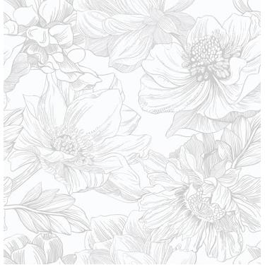 Imagem de Ismoon Papel de parede floral grande boho branco/cinza papel de contato 17,3 x 32,1 m removível autoadesivo armário quarto armário mural decoração parede rolo de vinil