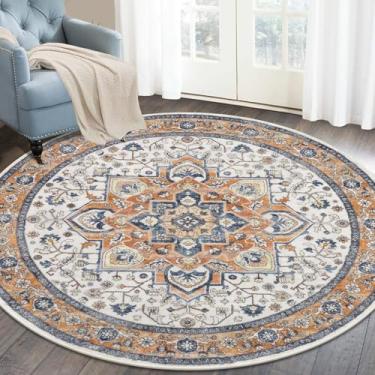 Imagem de HEBE Tapete redondo lavável de 1,2 m, antiderrapante, vintage, para quarto, macio, sem queda, tapete de cabeceira redondo boho para sala de estar, sala de jantar, banheiro, faculdade, dormitório