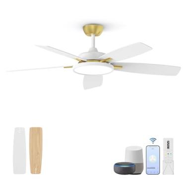 Imagem de Roomratv Ventiladores de Teto com Luzes, Ventiladores de Teto Inteligentes Ultra Silenciosos de 52 Polegadas com Luz Led Regulável Compatível com Google Home Alexa App Control (Ouro Branco)