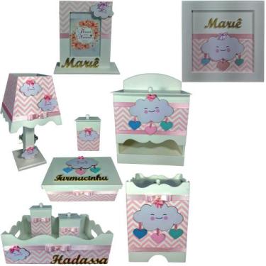 Imagem de Kit Higiene bebê Mdf 10 pçs + nomes - CHUVA DE AMOR ROSA CHEVRON - Flo