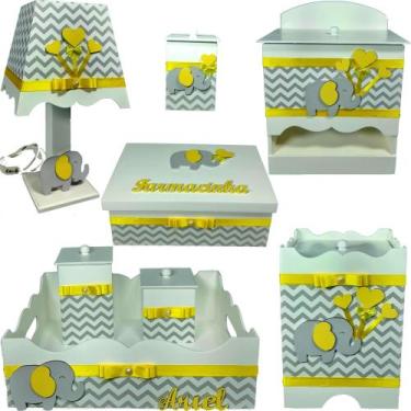 Imagem de Kit Higiene bebê Mdf decorado 8 pçs - CHEVRON CINZA ELEFANTE AMARELO -
