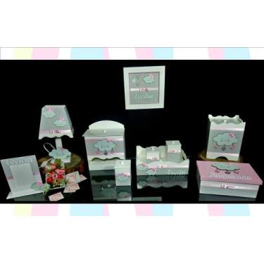 Imagem de Kit Higiene bebê Mdf 10 peças - CHUVA DE AMOR CINZA E ROSA - Flores pa