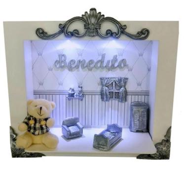Imagem de Quadro Enfeite Porta Maternidade Cenário Led - BRANCO COM CINZA E PRAT
