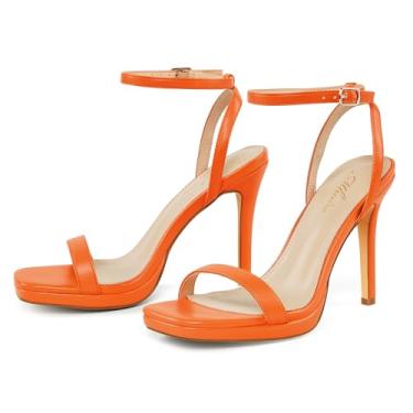 Imagem de Sandálias femininas de salto agulha com tiras, 10 cm, bico aberto, sexy, salto alto, tira no tornozelo, salto com fivela para festa, casamento, vestido de uso diário, Laranja fosco, 37