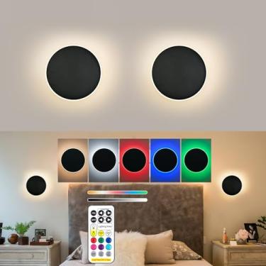 Imagem de Arandelas de parede operadas por bateria, luz de parede preta recarregável estilo eclipse solar com controle remoto sem fio regulável, 9 modos de cores, arandela de parede interna para quarto e sala
