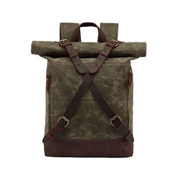 Imagem de Mochilas de lona vintage para homens Mochila de viagem de couro de lona para homens grandes Mochilas de dia retrô(Army Green)