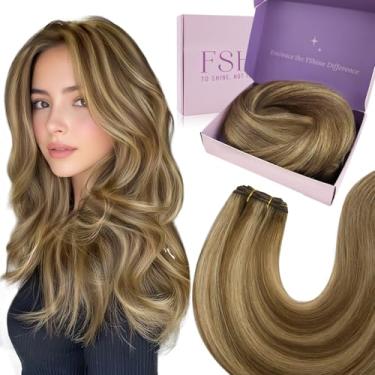 Imagem de Fshine Mão Amarrada Trama Extensões de Cabelo Cabelo Humano Médio Marrom e Caramelo Loiro Destaques Sew in Hair Extensions Trama Dupla Cabeça Cheia Reta Cabelo Humano Real 24 Polegada 100 Grama