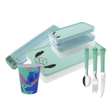 Imagem de Conjunto Refeição Infantil Stitch Disney 8 Peças Estojo, Potes, Talheres e Copo