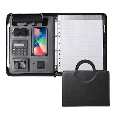 Imagem de Pasta de couro para notebook com zíper A4 com 8000 mAh pasta de negócios organizadora de portfólio de carregamento com calculadora (cor: rabisco de dinossauro branco 4) (D)