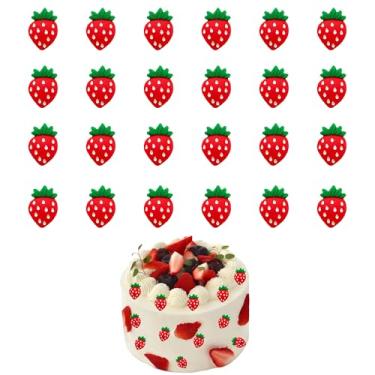 Imagem de 25 peças de topo de cupcake de morango vermelho mini palhetas de cupcake de morango fruta doce chá de bebê aniversário festa de casamento chá de bebê verão jardim decoração suprimentos (vermelho)
