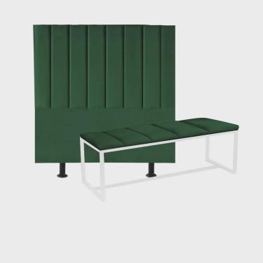 Imagem de Kit Cabeceira Carla e Calçadeira Industrial 195cm King Size Box Ferro Branco Suede Verde - Ahz Móveis