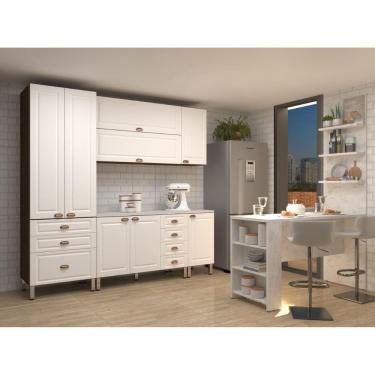 Imagem de Armário De Cozinha Completa 5 Peças Com Tampo E Bancada Com Painel Safira Luciane Móveis Nogueira Dourado c/ Branco Pet E Marmore