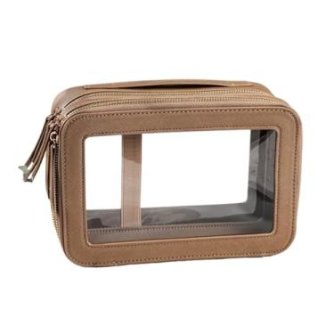Imagem de CKKNILV Bolsa de maquiagem para viagem de negócios à prova d'água grande capacidade portátil PU camada dupla transparente bolsa de cosméticos bolsa de maquiagem de viagem