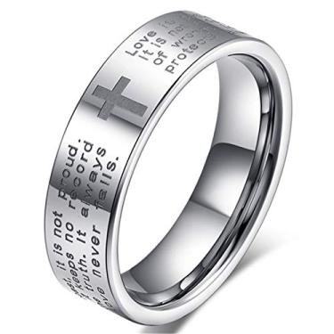 Imagem de Fashion Month Anel branco de carboneto de tungstênio de 6 mm com gravação em versículos bíblicos ingleses sobre amor cruz para ele, Aço inoxidável, platina, ouro, metal, tungstênio, carboneto de