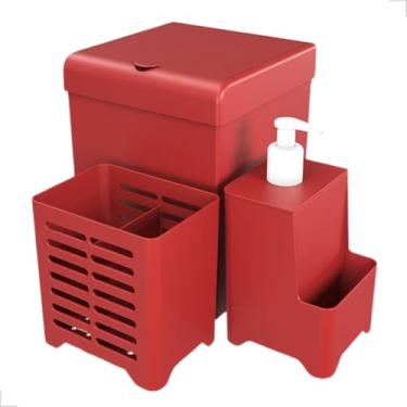 Imagem de Kit Cozinha Pia 3 Peças Lixeira Escorredor De Talheres Dispenser De Detergente Luxo Compacto (Vermelho)