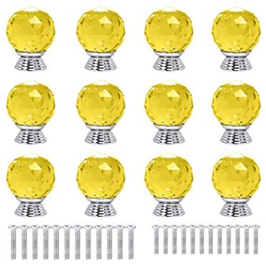 Imagem de ANJUU 12 peças de puxadores de vidro de cristal redondo de forma redonda de 30 mm com puxador de gaveta de parafusos usados para cozinha, cômoda, porta, armário, Yellow