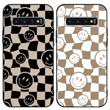 Imagem de Yomjew Pacote com 2 capas de telefone fofas quadriculadas com estampa de sorriso feliz para Samsung Galaxy S10 4G 6,1 polegadas, capa de silicone quadriculada estética antiarranhões, capa protetora