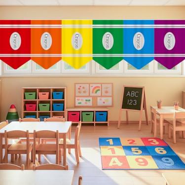 Imagem de Arosche Decorações de volta às aulas, decoração escolar, cortinas de sala de aula, 6 peças, arco-íris, colorido, giz de cera, para jardim de infância, sala de aula, sala de jogos, quarto, creche, capa