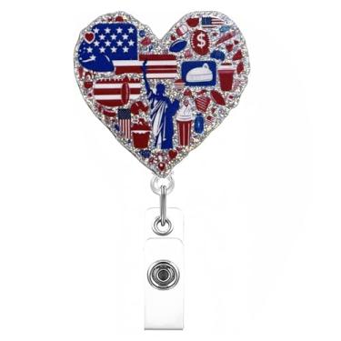 Imagem de Carretel de crachá de coração retrátil de 4 de julho Olive America para enfermeira médica Dia da Independência bonito suporte de crachá com clipe de crachá
