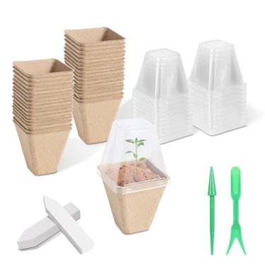 Imagem de KOAMLY 36 potes quadrados de turfa de 7,6 cm, kits de vasos de sementes de ervas biodegradáveis, vasos de mudas, vasos de turfa para germinação de jardim ao ar livre com 36 etiquetas de plantas