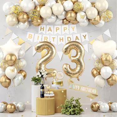 Imagem de Decorações de aniversário de 23 anos, decorações de festa de aniversário de ouro branco para mulheres e homens, balões de creme boho bege suprimentos de festa com faixa, faixa brilhante, topo de bolo