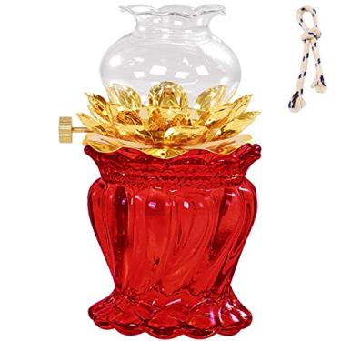 Imagem de rnuie Lamparina A Óleo Para Uso Interno, Querosene De Vidro Vintage Com Pavio, Luz Frontal Buda Em Forma Flor Lótus, Suprimentos Altar, Decoração Iluminação Emergência (Vermelha)