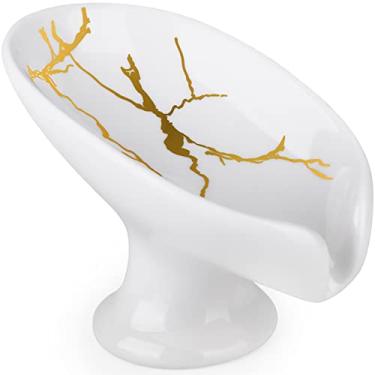 Imagem de Anwenk Saboneteira Para Chuveiro, Suporte De Cerâmica, Bandeja Autodrenante Em Formato Folha, Padrão Mármore, Ralo Branco, Banheiro, Fácil Limpeza, Mantém Seco