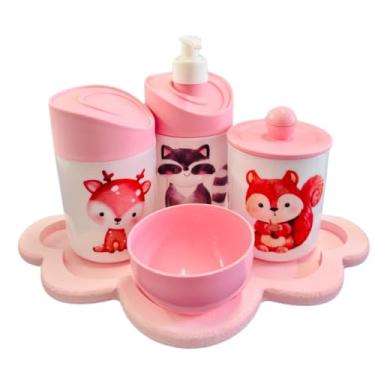 Imagem de Kit Higiene Bebê Floresta Encantada c/bandeja MDF - Menino e Menina (Nuvem Rosa/Rosa)
