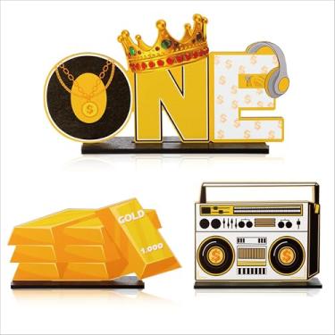 Imagem de GlikCeil 3 peças de decorações de aniversário The Notorious One, preto e dourado, uma letra, tijolo, rádio, placa de madeira, decoração de mesa para decoração de mesa de primeiro aniversário