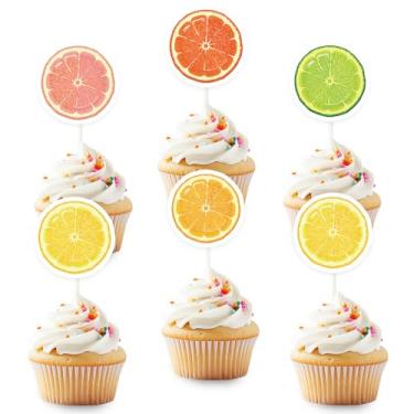 Imagem de Pacote de 36 topos de cupcake de fatias de limão com tema de limonada cítrica, palitos de frutas, limonada, chá de bebê, festa de aniversário, topos de bolo, citrino, limão, frutas de verão, artigos