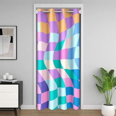 Imagem de Cortina de porta infantil quadriculada geométrica, quadriculada abstrata, retalhos, blackout, porta de quarto, sala de estar, arte dinâmica, treliça, arco-íris, privacidade, porta, drapeado, 1 painel