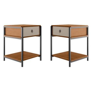 Imagem de Kit 2 Mesinha Mesa de Cabeceira Mesa de Canto Quarto Casal Estilo Industrial 1 Gaveta Prateleira Puxador Retrô