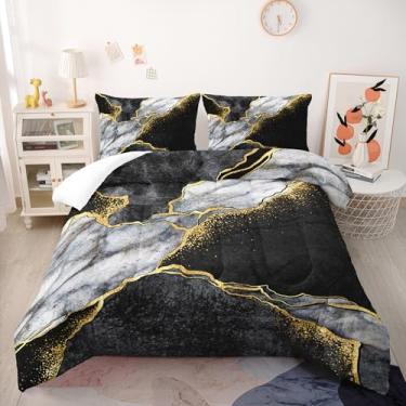 Imagem de Nttopship Conjunto de edredom king de mármore preto dourado e cinza, preto, dourado, cinza, de microfibra macia, minimalista, vento, mármore, 3 peças com 2 fronhas