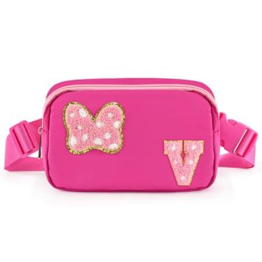 Imagem de Pochete com laço com letra inicial de chenille, bolsa tiracolo impermeável para parque, presentes de aniversário de Natal para adolescentes, meninas, mulheres, crianças, adultos, bolsa de cinto fofa